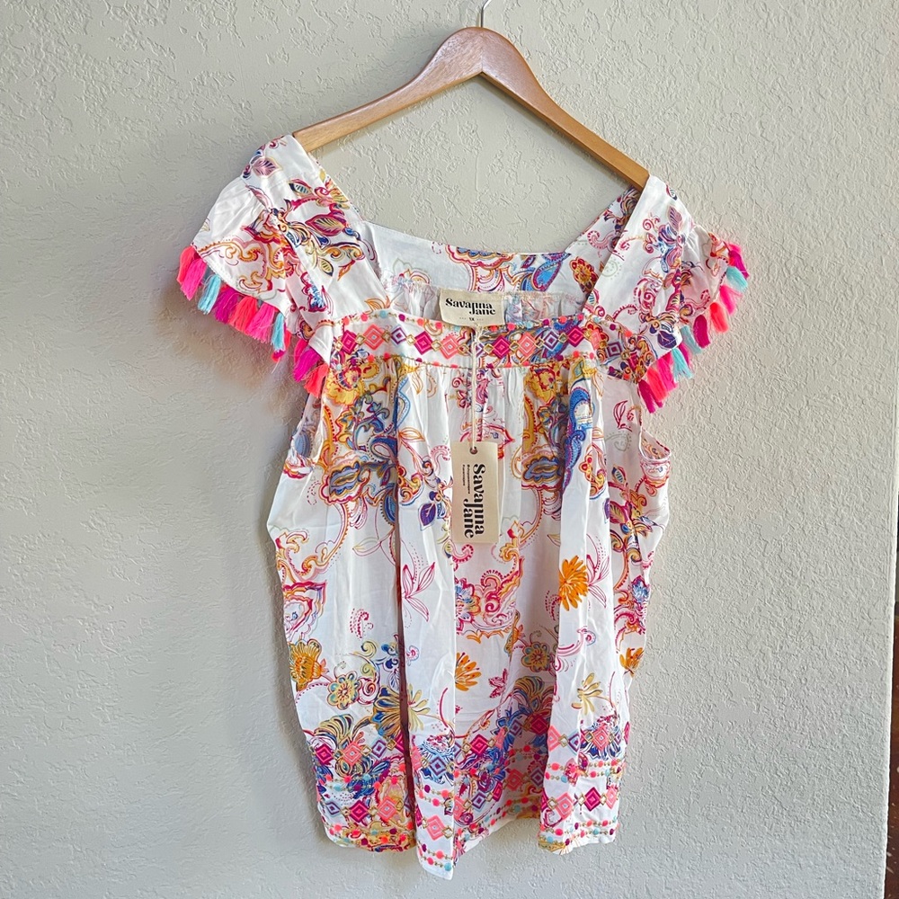 NWT Savanna Jane Paisley Print Top with Tassels and Embroidery